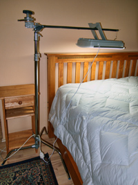 Photograph of Klarstein seasonal affective disorder lamp mounted on a photographic light stand.